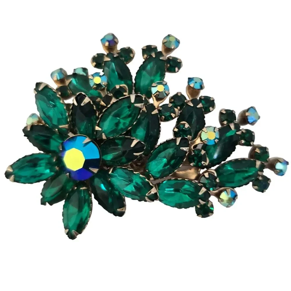 Vintage Brooch Emerald Green Aurora Borealis Rhinestone Floral Mid Century Glam